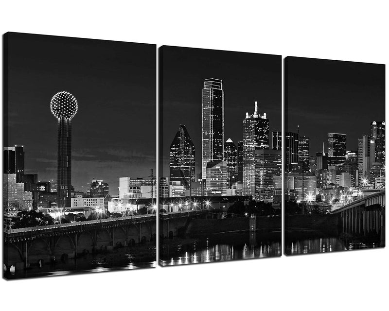 NAN Wind 3 Pcs Wall Art Dallas Skyline Black & White Canvas Art Paintings For Room Decor Dallas Cityscape Skyscrapers Night Scene Picture Prints On Canvas For Home Decor Modern Giclee Framed - Image 1